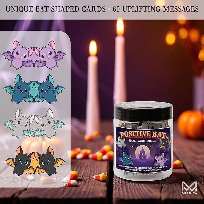 Positive Bat Jar, 60 Bat-Shaped Affirmation Cards, Cute Spooky Self Care, for Women & Teens, Halloween Basket Stuffers for Adults, Boo Basket Stuffers for Women