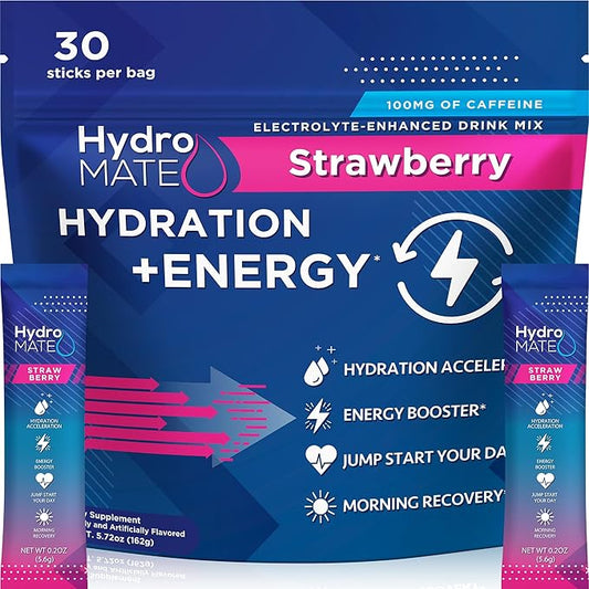 HydroMATE Electrolytes Powder Drink Mix Packets Hydration Accelerator Low Sugar Rapid Party Relief Recovery Vitamin C Plus Caffeine Strawberry 30 Count