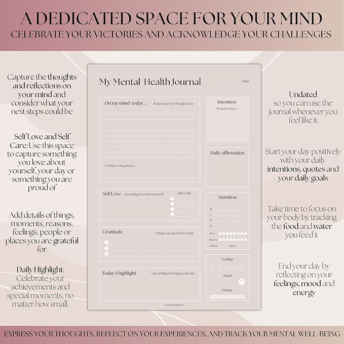 Mental Health Journal Planner | Daily Gratitude, Self Care, Intentions, Affirmations and Nutrition (Lux, A5 Ring Bound)