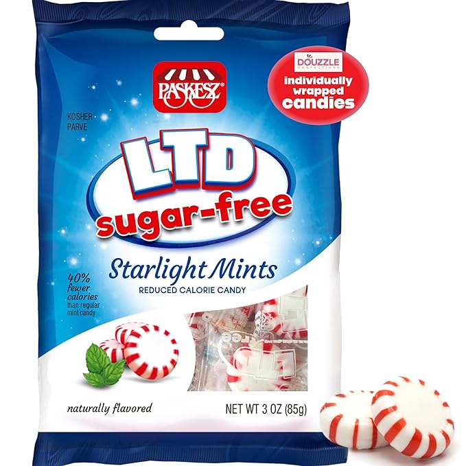 DOUzzle Sugar Free Starlight Peppermint Mints Hard Candy, Naturally Flavored (1 Pack) Individually Wrapped - Healthy Low Calorie Snack, Gluten Free, Nut Free - Kosher Parve