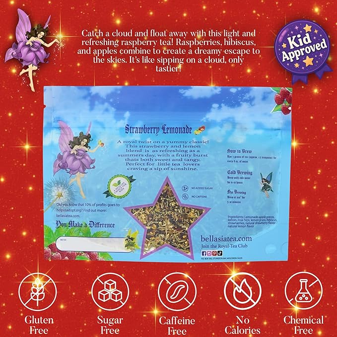 Bellasia Tea Strawberry Lemonade for Kids Using Real Fruit Pieces - Caffeine Free Herbal Tea with Real Ingredients & Balanced Flavor- Add Loose Leaf Tea to Your Child’s Routine for A Fun & Tasty Drink