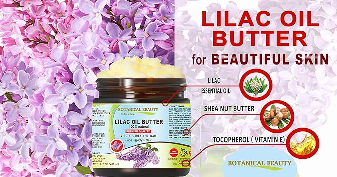 Botanical Beauty LILAC OIL BUTTER 100% Natural Lilac Essential Oil in Shea Nut Butter for FACE, SKIN, BODY, HAIR, NAILS. Beauty Skin Moisturizer Oil Butter (8 Fl Oz)
