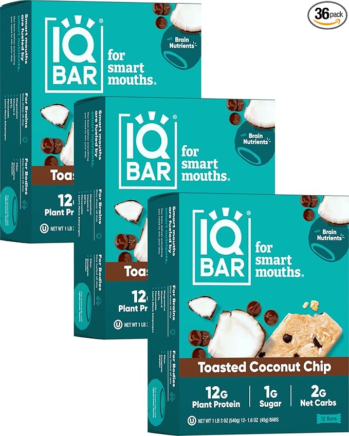 IQBAR Brain and Body Plant Protein Bars - Toasted Coconut Chip - 36-Count - Keto, Vegan, Low Carb, High Fiber, Gluten Free, Dairy Free, Low Sugar Snack with Nutrients for Focus, Energy, Meal Replacement