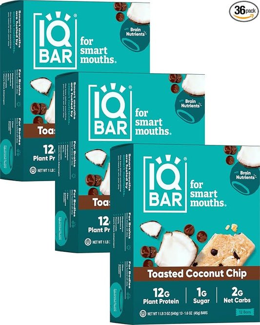 IQBAR Brain and Body Plant Protein Bars - Toasted Coconut Chip - 36-Count - Keto, Vegan, Low Carb, High Fiber, Gluten Free, Dairy Free, Low Sugar Snack with Nutrients for Focus, Energy, Meal Replacement