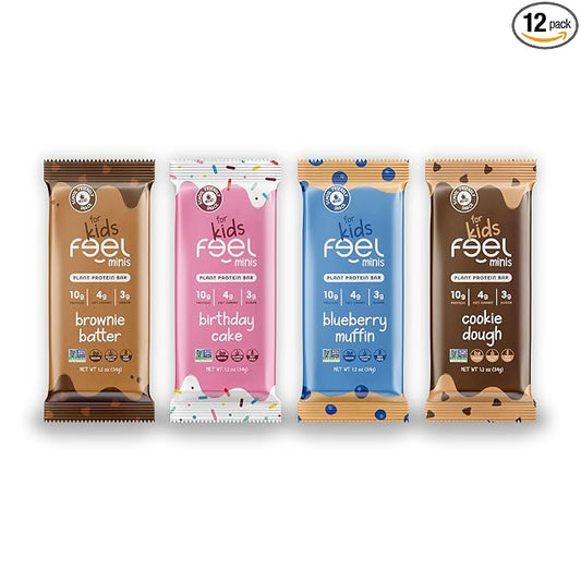 FEEL Kids Protein Bars Minis | Variety Pack | 10g Plant Protein | 100 Calories | No Added Sugar | Daily Veggies | Gluten Free, No Nuts, No Soy, No Dairy, No Grains (Pack of 12)