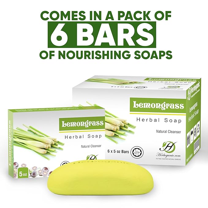 HERBOGANIC Lemongrass Herbal Soap | Pack of 6 of 5oz soap Bar | Ideal for Men and Women, Soothing and Nourishing Soap for Moisturization