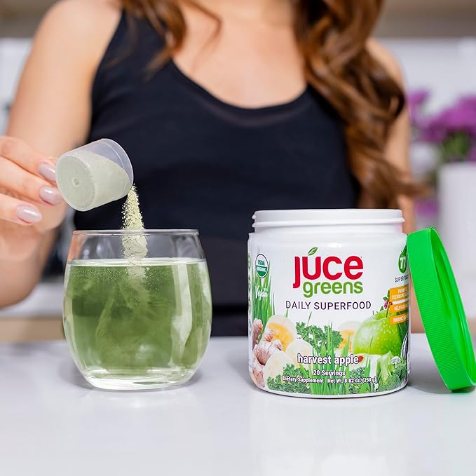Terra Kai Organics JUCE Green Superfood Powder, Organic Fruits and Veggies Supplement W/ 77 Superfoods Plus Prebiotic Probiotic Blend, Harvest Apple Flavor - 20 Servings (250 g)