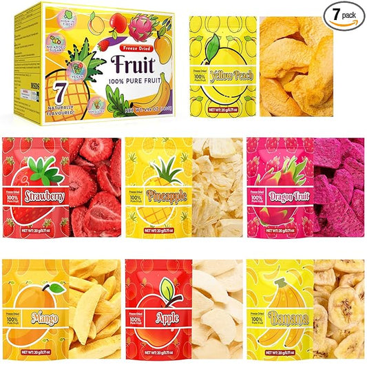 Freeze Dried Fruit Set - 140g Natural Fruit Snacks, Gluten Free, Sugar Free, Healthy Snacks for Kids, 100% Pure Fruits, Great for Lunch, Cereal, Smoothies, Food Gifts, Pack of 7-0.71 oz Each