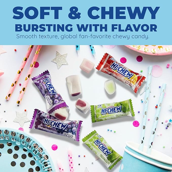 HI-CHEW Assorted Bulk Candy Bag, Green Apple Strawberry Mango Grape, Soft & Chewy Candy 2lb - 185+ Pieces Individually Wrapped - Made with Immensely Juicy Fruity Flavors