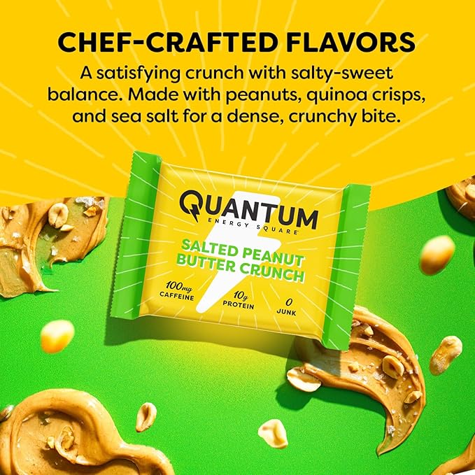 Quantum Energy Square: Energy Bar with Caffeine & 10g Protein. Delicious Healthy Snack On The Go. (Vegan, Gluten-free, Soy-free, Dairy-free) (Salted Peanut Butter Crunch)