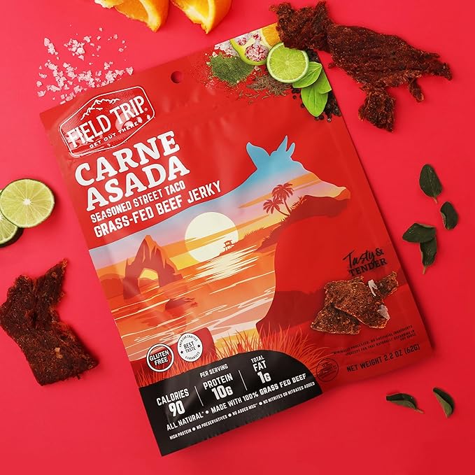 Field Trip Grass Fed Beef Jerky, Healthy Gluten Free Snacks, All Natural, High Protein, Low Carb Snack with No Nitrates, 2.2oz, 4 Pack, Carne Asada