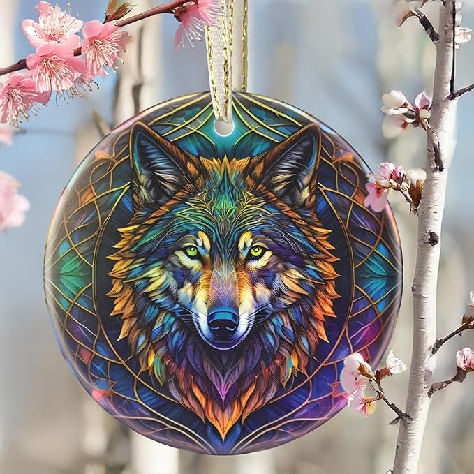Ceramic Wolf Hanging Ornament - Christmas Tree Decor - Gifts for Wolf Lovers