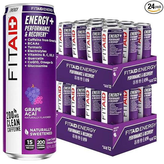 LIFEAID FITAID Energy Grape AÇAI, 200mg Natural Caffeine, Keto, Pre-Workout Performance: BCAAs, Quercetin, Electrolytes, Omega-3s, 15 Calories, Paleo, Vegan & Gluten-Free,12-oz (Pack of 24)