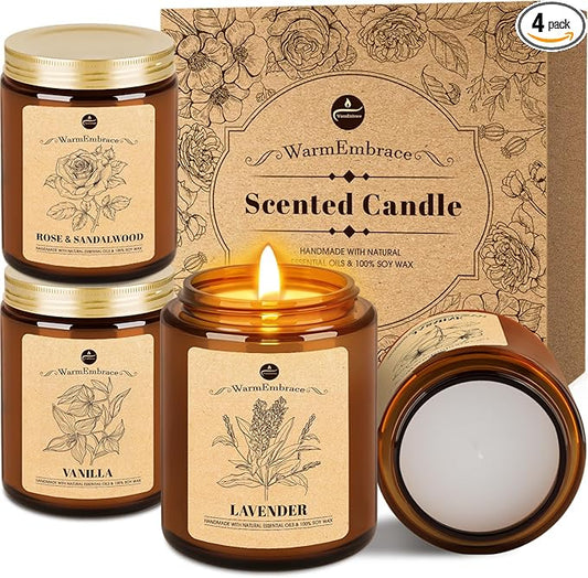 WarmEmbrace Lavender Candles, 4-Pack Scented Candle Set for Women, 7.6 oz Natural Organic Soy Wax in Glass Jar, 160 Hours Long-Lasting Burn, Perfect for Mom Girl Friend Birthday Gifting (4 Fragrance)