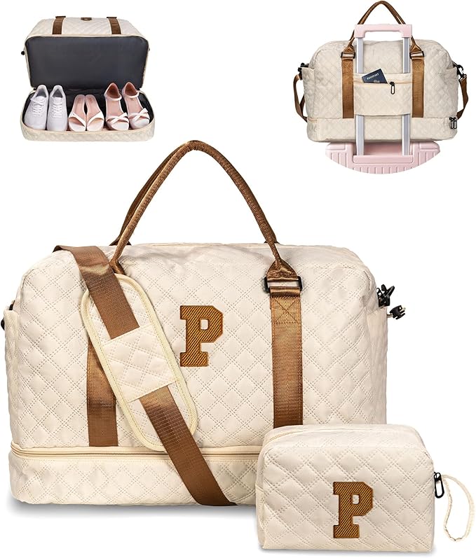 Gifts for Grandma-Initial Duffle Bag with Shoe Compartment, Personalized Weekender Bag, Monogram Overnight Bag, Letter Travel Bag with Makeup Bag，Daughter Friend Gifts (Letter P)