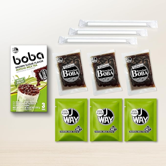 J WAY Instant Boba Bubble Pearl Matcha Milk Tea Kit with Authentic Brown Sugar Tapioca Boba, Ready in Under One Minute, Paper Straws Included - 3 Servings