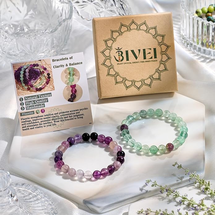 Bivei Natural Gemstone Semi Precious Healing Crystals Handmade Stretchy Round Beads Bracelet, Enhance Positive Energy