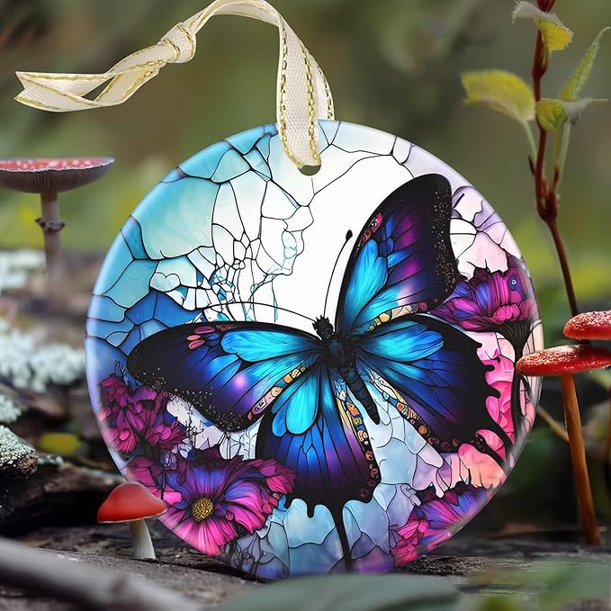 Butterfly Ceramic Hanging Ornament - 3.5 Inch, Butterfly Ornaments for Christmas Tree, Gifts for Holiday Present Exchange