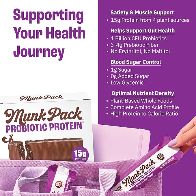 Munk Pack 15g Probiotic Keto Protein Bars - Low Sugar, High Protein -1g Sugar, 4g Net Carbs. Vegan + Plant Based Gut Health. Low Carb Healthy Snack Bar. Brownie Nut Fudge