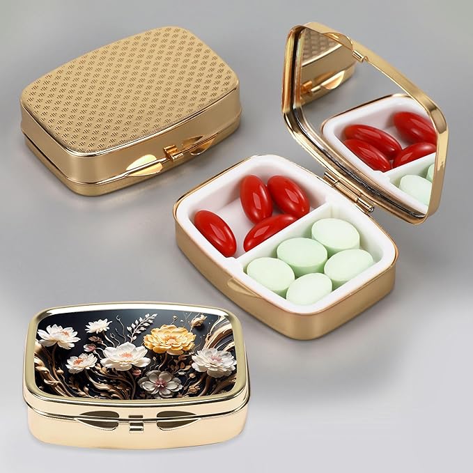 Dynippy Pill Case Pill Box with Mirror Retro Pocket 2 Compartment Medicine Case Vitamin Pill Organizer for Pocket Purse and Travel (Gold- Flower 1)