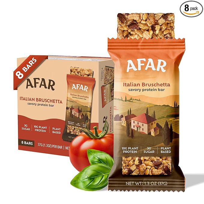 Afar Savory Protein Bars – Low Sugar, High Protein – Healthy Snacks for Adults – Meal Replacement Bar – Rice Crispy Texture – Vegan, Gluten Free (8 Bars, Italian Bruschetta)