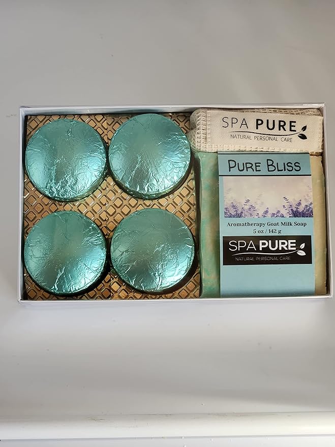 Spa Pure Aromatherapy Gift Set: Pure Bliss Artisan soap, Shower Steamers, USA made with plant based ingredients, essential oils, all natural Cotton Soap Bag & Steamer Bag)