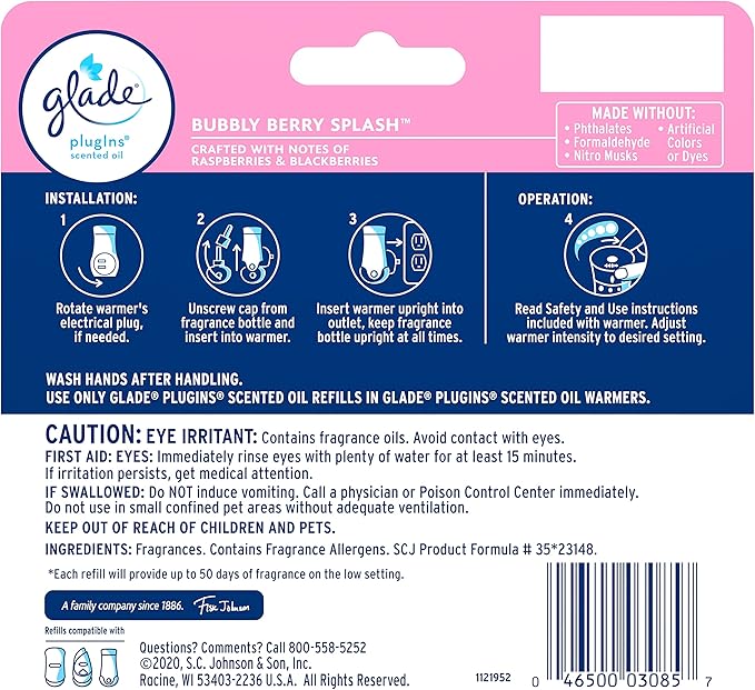 Glade PlugIns Refills Air Freshener, Scented and Essential Oils for Home and Bathroom, Bubbly Berry Splash, 3.35 Fl Oz, 5 Count