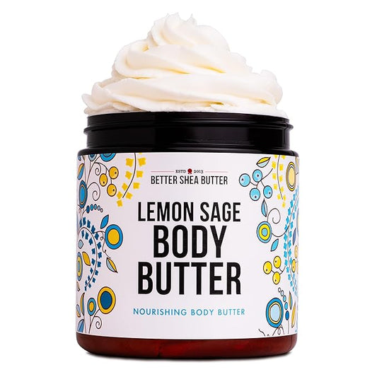 Lemon Sage Body Butter - Whipped Organic Shea Butter with Jojoba Oil and Essential Oils, Natural Lotion for Women and Men, Lemon Scented Moisturizer with No Synthetic Fragrances