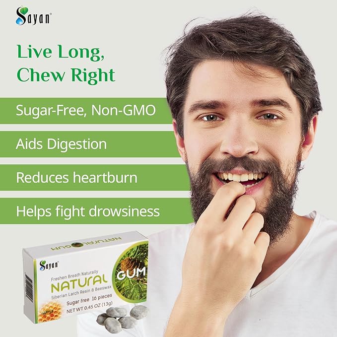 Sayan Sugar Free All Natural Gum, Siberian Larch Tree Resin and Beeswax Chewing Gum for Fresh Breath, Vegetarian, Non-GMO, No Sugar, Gluten Free, Aspartame Free, No Preservatives - 5 Packs (80 Pieces)