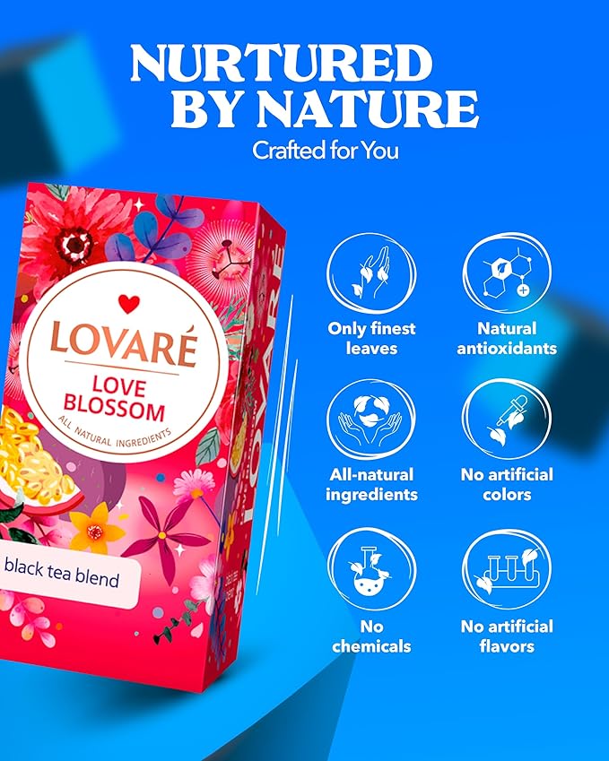 Individually Wrapped Tea Bags By Lovare Made in Ukraine - Black and Green, Floral, Passion Fruit, Huchlebbery Herbal Set with Flowers - Gift Box For Blooming Tea Lovers Men & Women - 48 g (24 tea bags x 2 g each) (Love Blossom)