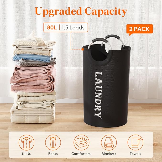 Lifewit 80L 2-Pack Large Laundry Basket, Collapsible Laundry Hamper with Aluminum Handles, Waterproof Freestanding Dirty Clothes Hampers for Laundry Room Bedroom Dorm Bathroom, Black