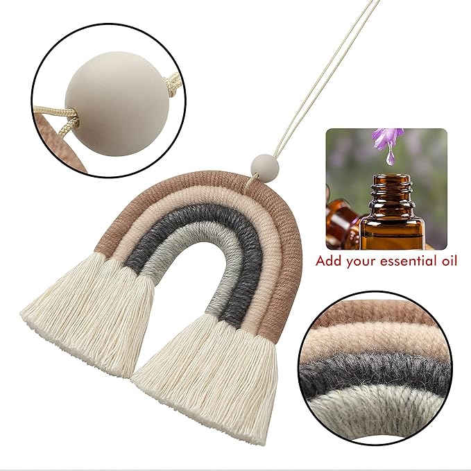BOHO GARDEN Macrame Rainbow Charm - Essential Oil Diffuser for Cars, Baby Nursery, Children’s Bedroom & Home Decor - Colorful Decorative Hanging Air Freshener & Accessories - 3.5x4 - Espresso