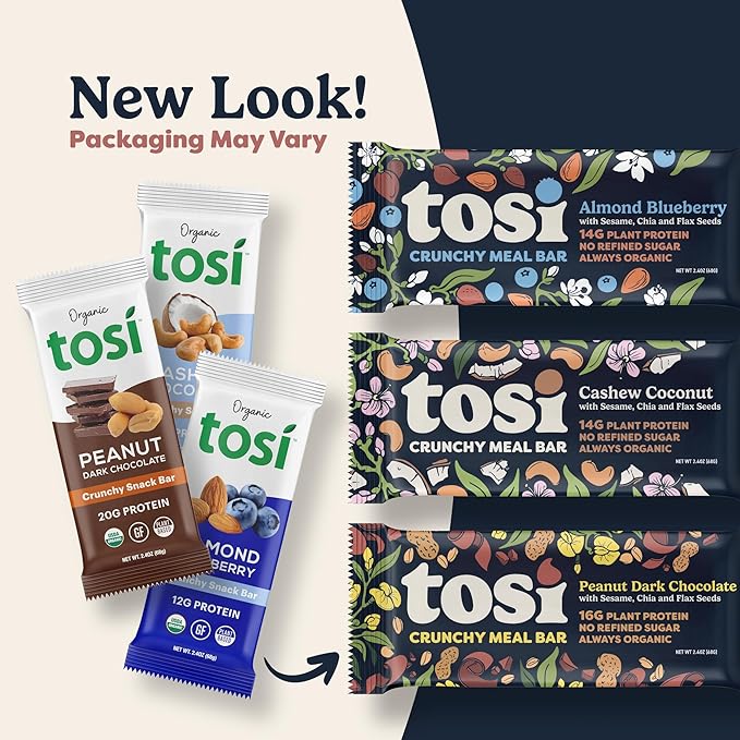 Tosi Almond Blueberry Protein Bars, Plant Based with Nuts, Gluten-Free Crunchy Snacks, Vegan, Organic, Flax & Chia Seeds, Soy-Free,Omega 3s, 12G Protein, 2.4 oz, 12-Pack