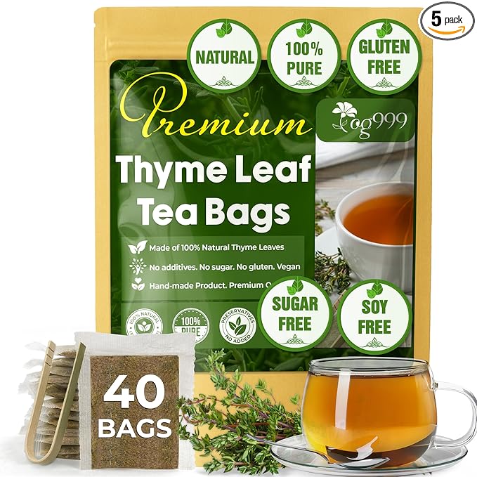 TOG999, Premium 40 Thyme Leaf Tea Bags, 100% Natural & Pure, Loose Leaf Herbal Tea. Thyme Leaf Tea. No Sugar, No Caffeine, No Gluten, Vegan.