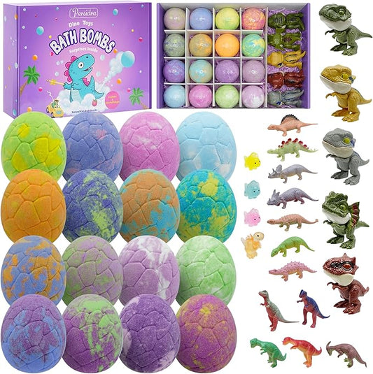 Bath Bombs for Kids with Surprise Inside, 16 Pack Kids Bath Bombs Gift Set for Easter Basket Stuffers, Dino Egg Bath Bomb Kit with 5pcs Dinosaur Bath Toy for Boys Girls Birthday,Christmas