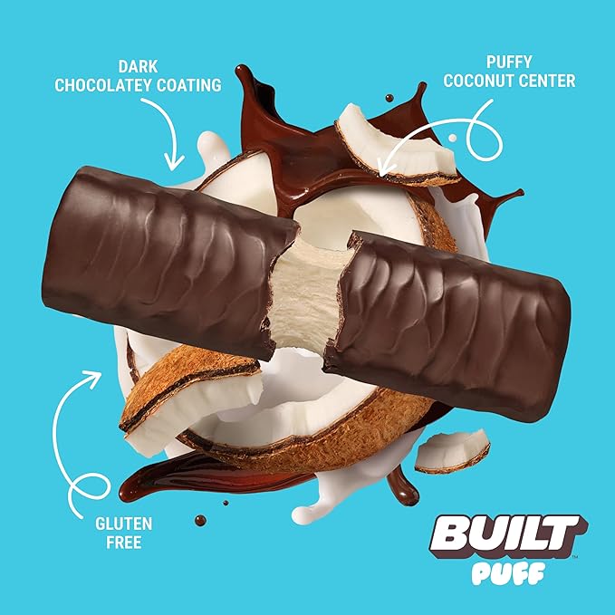 Built Bar, Puff Protein Bars, Coconut Puff, 17g Protein Snacks, On-The-Go Bars, Only 140 Calories, 6g Sugar, Collagen, Gluten Free, 12 Count