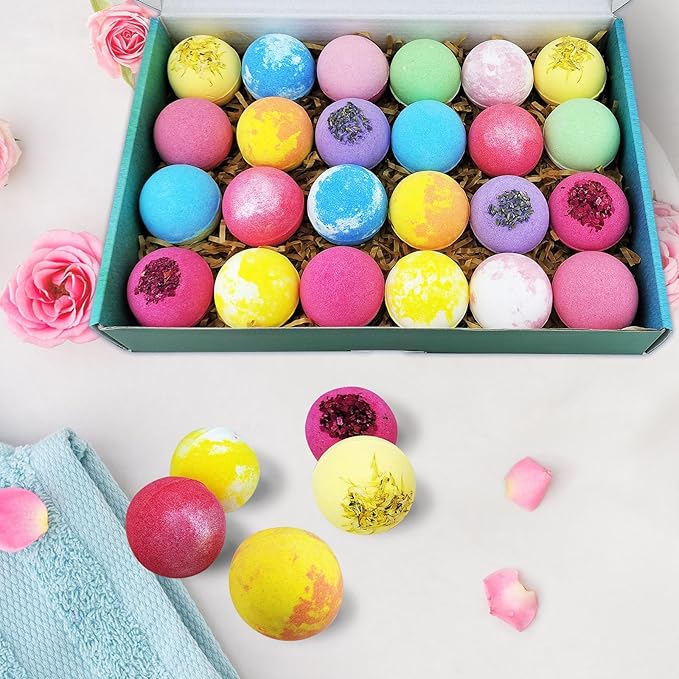 Dry Skin Moisturizer Bath Bombs Gift Set 24, with Relaxing Scents Made from Essential Oils for Bubble and Spa Bath, Handmade Christmas Gifts for Her/Him, Wife, Girlfriend