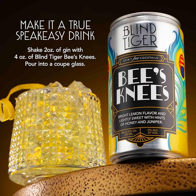 Blind Tiger Bee’s Knees 4-pack - Bright Lemon and Rich Honey Flavor - Premium Award-Winning Non-Alcoholic Mixer - Crafted by Mixologists - All-Natural Ingredients - Roaring '20s Flair - 8.4oz Per Can