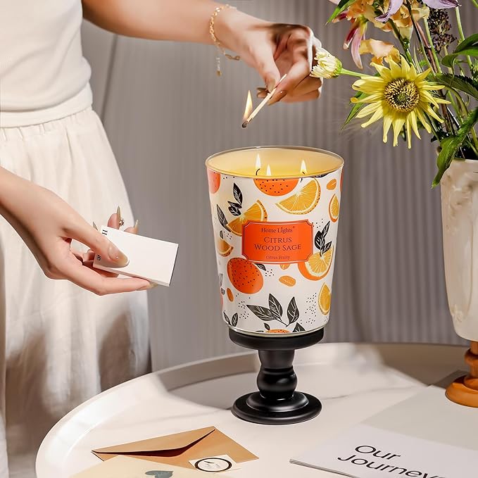 HomeLights Citrus Wood Sage Scented Candles | 34oz Soy Candles Eclectic Mixed Styles 3-Wick Large Candle Jars | Ideal Candle Gifts for Events, Home Decor Stress, Relief & Relaxation