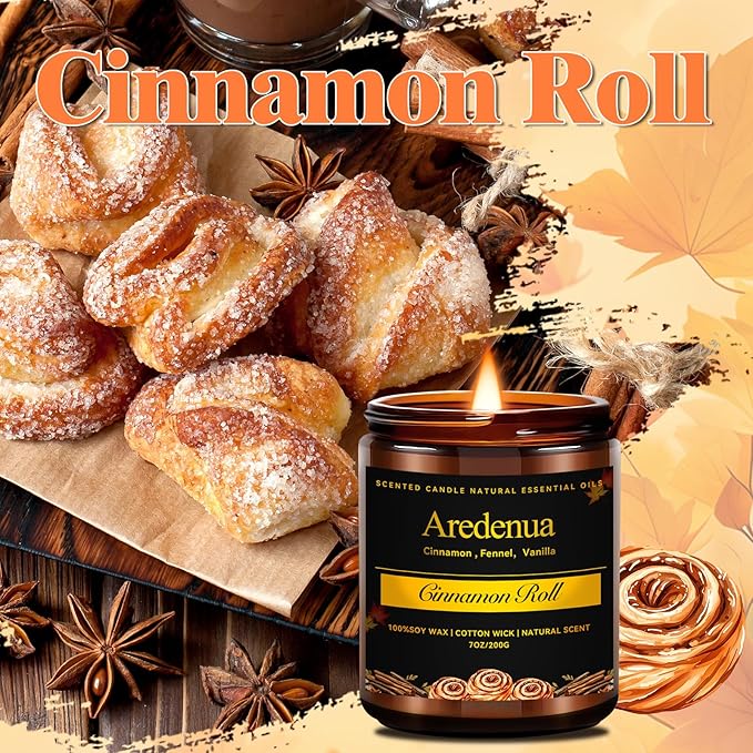 Cinnamon Roll Candles | Fall Candles - Autumn Cinnamon Scented Candle for Home, 7oz Soy Candle for Home Scented, Fall Gifts for Women & Men, Cozy Seasonal Sweet Scent for Autumn & Thanksgiving