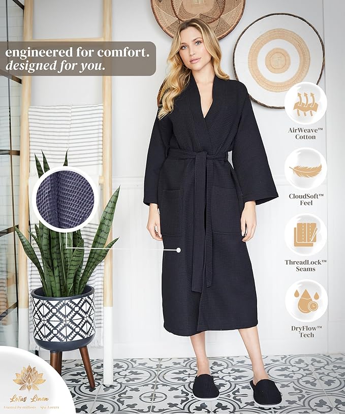 Lotus Linen Waffle Robes for Women - Lightweight Cotton Kimono Bathrobe - Long Soft Spa Bath Robe