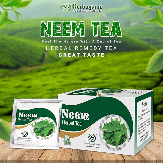 HERBOGANIC Neem Herbal Tea - Digestion Support and Immune Boost | Refreshing and Delicious Blend | Natural Ingredients | 20 Tea Bags