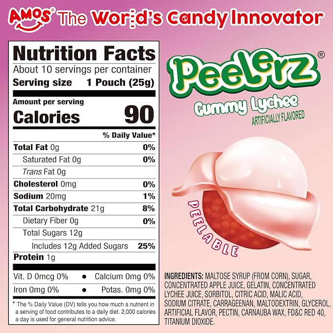AMOS Peelerz Lychee Gummy Candy, Peelable Fruit-Shaped Candy, 8.47oz Box with 10 Individual Packs – Fun Peeling Gummy Snack Made with Real Juice