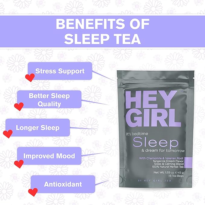 Hey Girl Sleep Tea - Natural Herbal Bedtime Tea Bags with Chamomile, Passion Flower, Valerian Root, Lemon Balm - Calming, Relaxing Adults Sleepy Night Time Tea - Relaxation Gifts for Women 2-packs