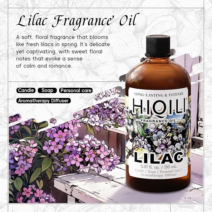 HIQILI Lilac Fragrance Oil for DIY Perfume, Candle & Soap Making, Soft Floral Scents for Essential Oils Diffuser - 5.07 Fl Oz