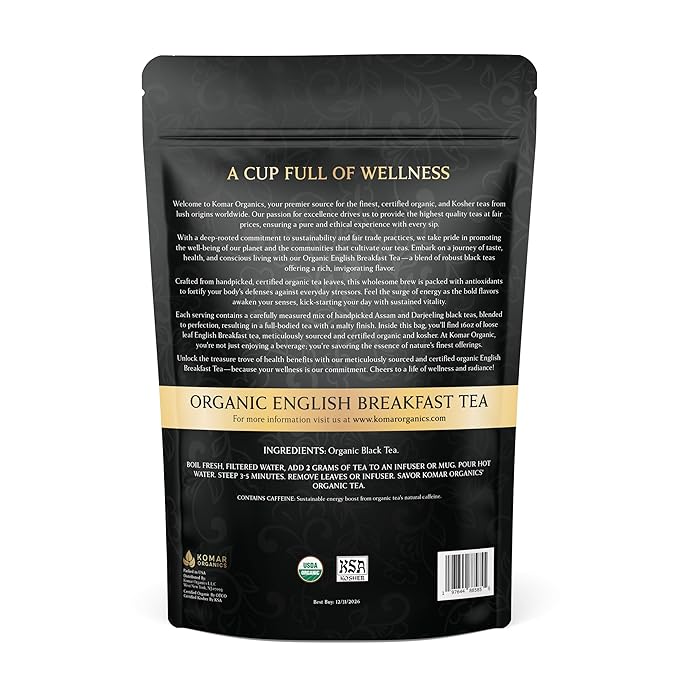 KOMAR ORGANICS English Breakfast Tea - 16oz USDA Organic Loose Leaf Tea Rich in Antioxidants - Balanced and Flavorful Black Tea for Energy Boost - 1 LB Certified Kosher Assam and Darjeeling Blend