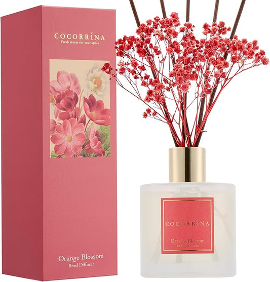 COCORRÍNA Reed Diffuser - Orange Blossom 6.76 Fl.oz Reed Diffuser Sets with Preserved Flowers, Diffuser with 8 Sticks for Bathroom Shelf Decor