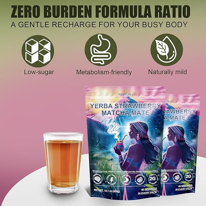 40 Servings (14.1oz) Yerba Mate Instant Tea Powder, 3-in-1 Strawberry Matcha Flavored Low Sugar Super Drink to Support Energy & Focus with Prebiotics and Probiotics
