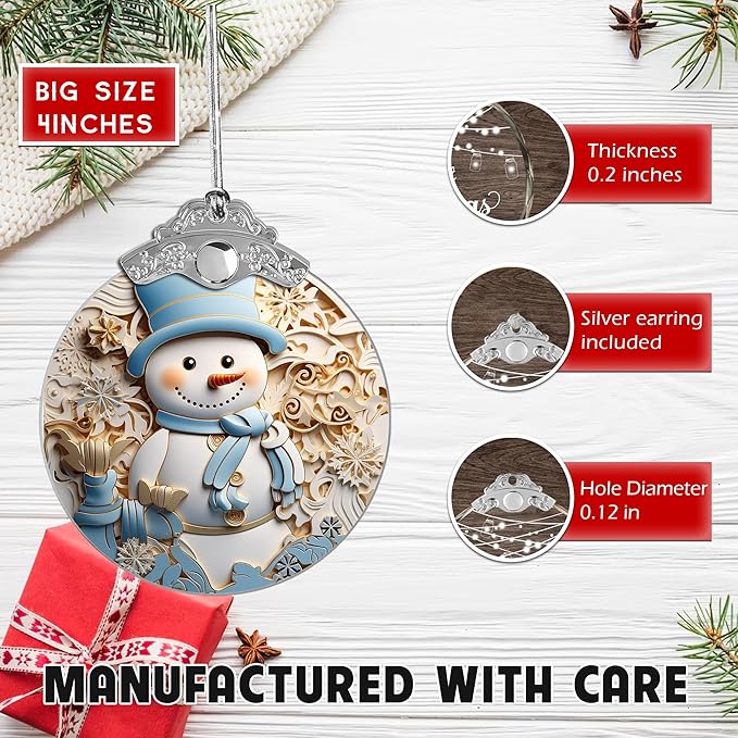 2025 Christmas Ornament, Stained Glass Effections, Christmas Tree 4 Inch Acrylic Ornament Art, White Elephant Gifts for Adults, Christmas Decorations (Blue hat Snowman)