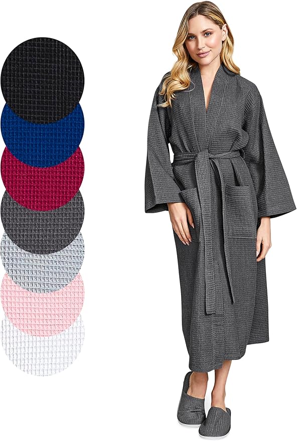 Lotus Linen Waffle Robes for Women - Lightweight Cotton Kimono Bathrobe - Long Soft Spa Bath Robe